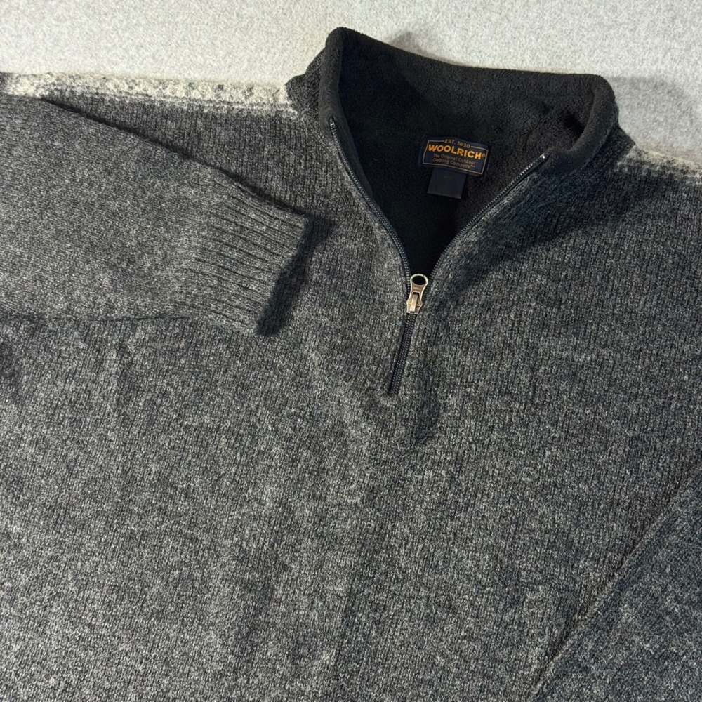 Woolrich Lambswool Quarter-Zip Mens L Charcoal Fair Isle Fleece Lined Sweater